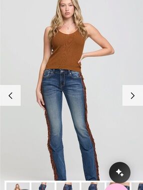 Grace in LA Blue Denim Straight Leg Jeans with Brown Fringe